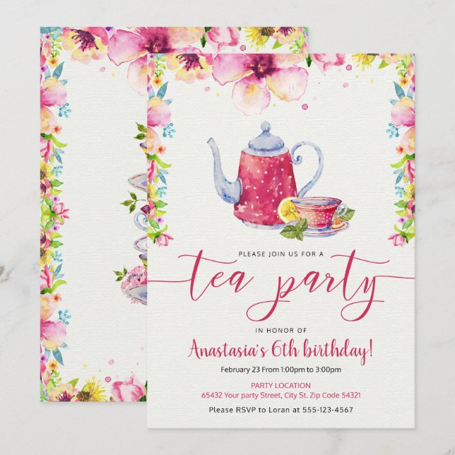Invitation Anniversaire doux et vibrant superbe de thé (Devant / Derrière)
