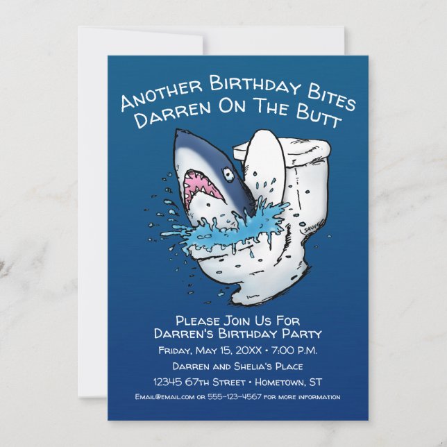 Invitation Anniversaire drôle de requin de toilette (Devant)