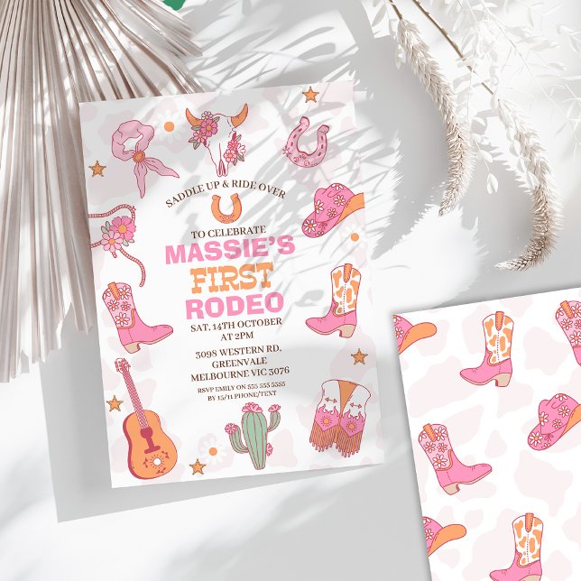 Invitation Anniversaire du 1er Rodéo rose orange (Girls First Rodeo Birthday Invitation Cowgirl 1st Birthday Invitation Retro Pink Orange Wild West )