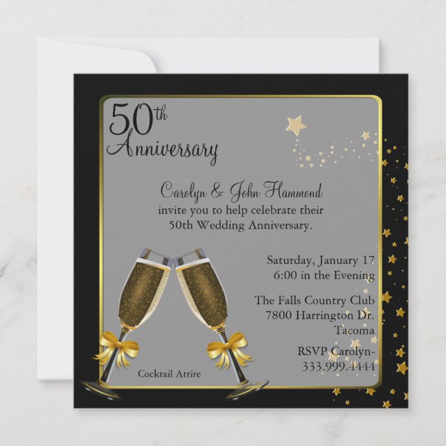 Invitation Anniversaire du 50e Mariage noir et or chic (Devant)