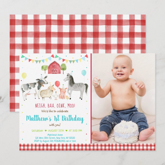 Invitation Anniversaire du ballons d'animaux de ferme (Devant / Derrière)