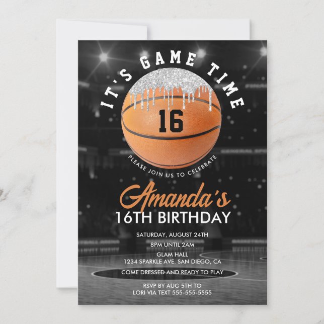 Invitation Anniversaire du basket-ball orange et argent (Devant)