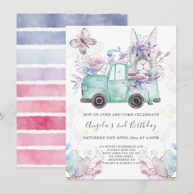 Invitation Anniversaire du Bunny de printemps (Devant / Derrière)