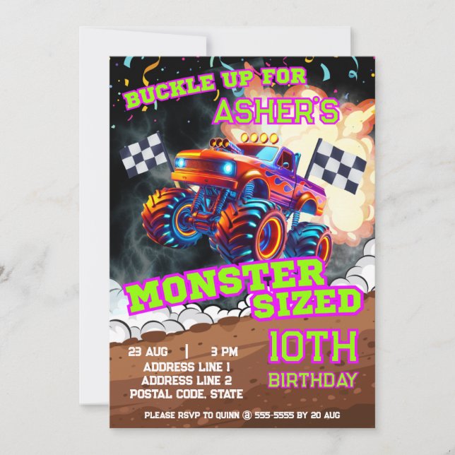 Invitation Anniversaire du Camion orange et bleu Monster (Devant)