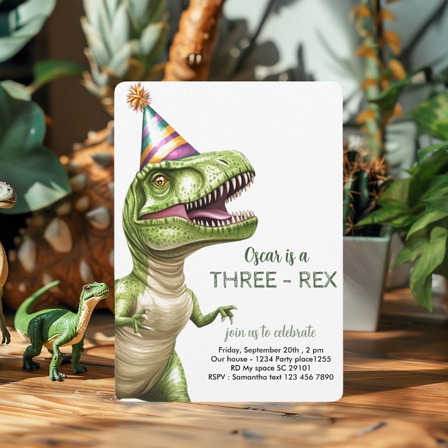 Invitation Anniversaire du dinosaure à trois rapports | Dino  (Créateur téléchargé)
