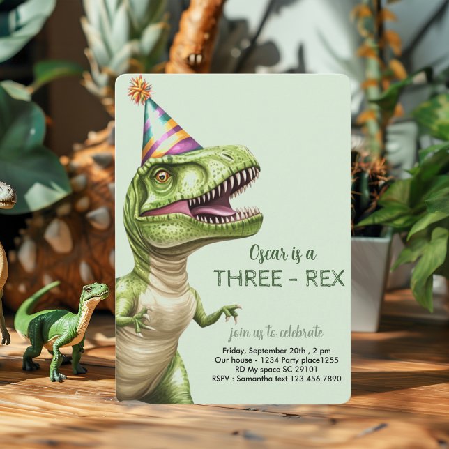 Invitation Anniversaire du dinosaure à trois rapports | Dino  (Créateur téléchargé)