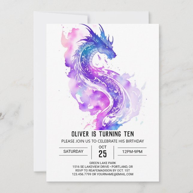 Invitation Anniversaire du dragon d'aquarelle magique (Devant)