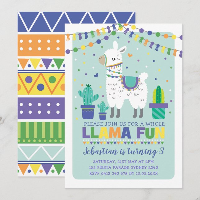Invitation Anniversaire du garçon Llama / Fête de la petite A (Devant / Derrière)