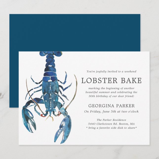 Invitation Anniversaire du gâteau de homard bleu océan (Devant / Derrière)