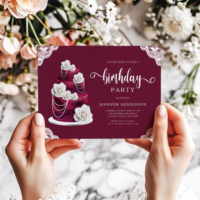 Invitation Anniversaire du gâteau floral de Bourgogne (Elegant Burgundy Floral Cake Birthday Invitation )