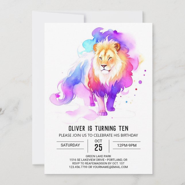 Invitation Anniversaire du lion d'aquarelle sauvage (Devant)