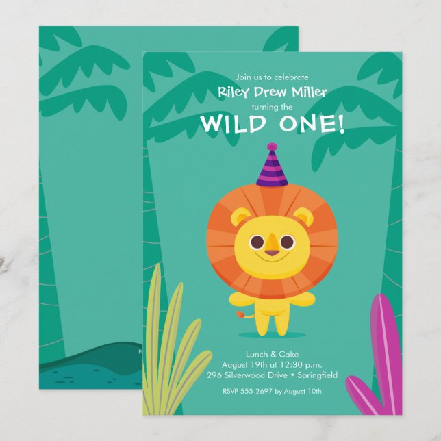 Invitation Anniversaire du lion de la Jungle sauvage (Devant / Derrière)