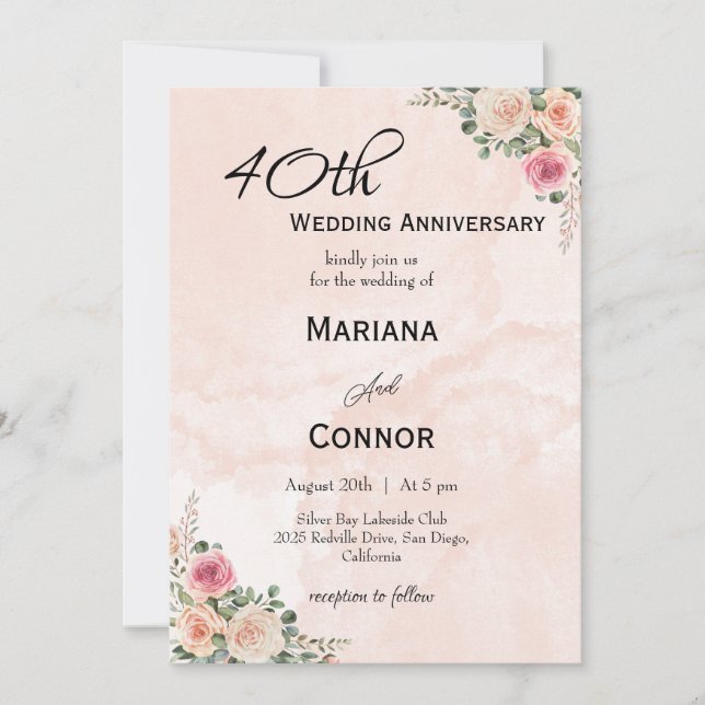 Invitation Anniversaire du Mariage à la crème rose (Devant)