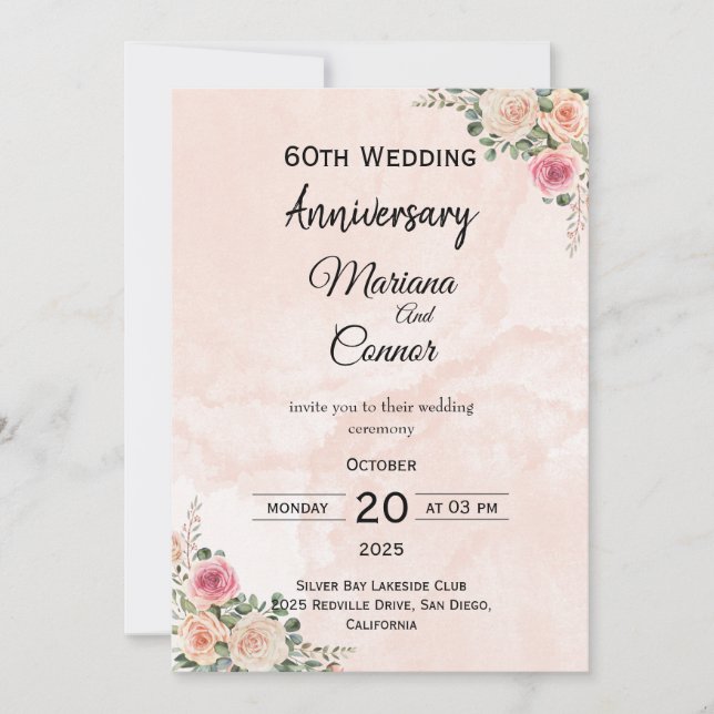 Invitation Anniversaire du Mariage à la crème rose de charme (Devant)