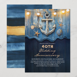 Invitation Anniversaire du Mariage bleu et or de la marine na