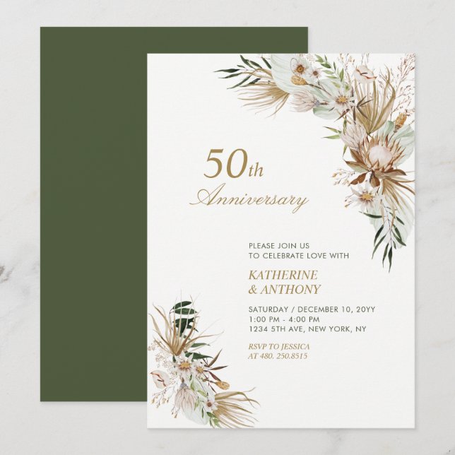 Invitation Anniversaire du Mariage botanique vert et or (Devant / Derrière)