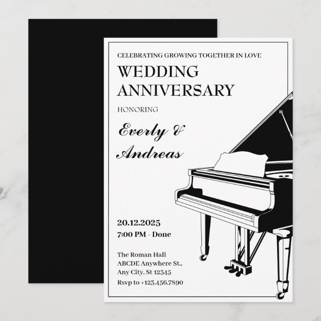 Invitation Anniversaire du Mariage de piano noir blanc minima (Devant / Derrière)