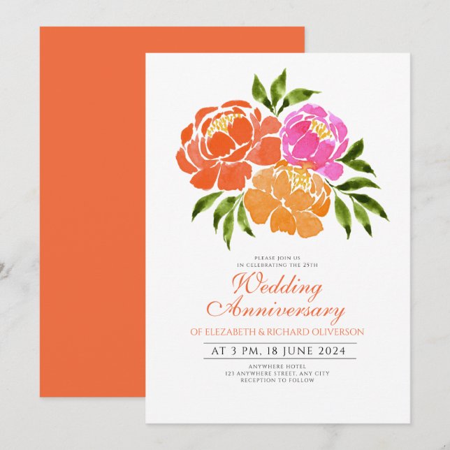 Invitation Anniversaire du Mariage Floral rose chaud (Devant / Derrière)