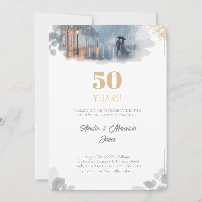 Invitation Anniversaire du mariage Golden Rain Romance (Devant)