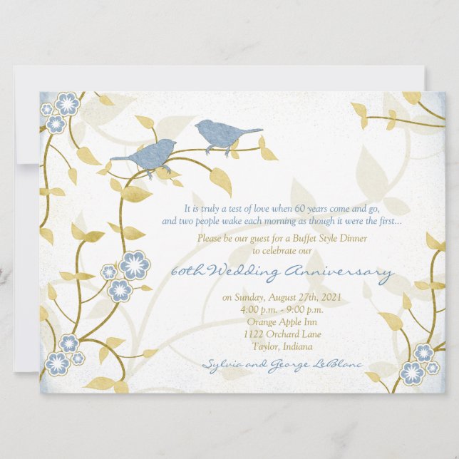 Invitation Anniversaire du Mariage Song Birds Blue Gold Diamo (Devant)