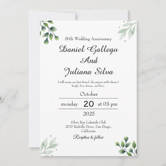 Invitation Anniversaire du Mariage standard de la feuille ver (Devant)