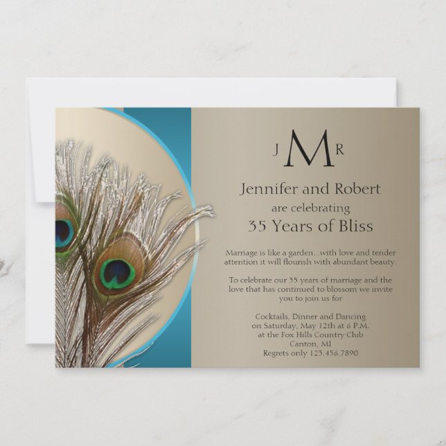 Invitation Anniversaire du Mariage Taupe Aqua Peacock (Devant)