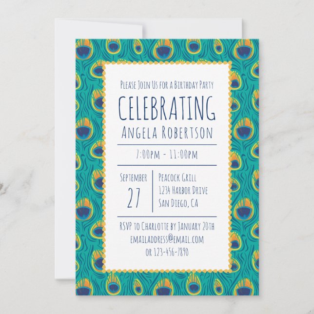 Invitation Anniversaire du paon vert et or (Devant)