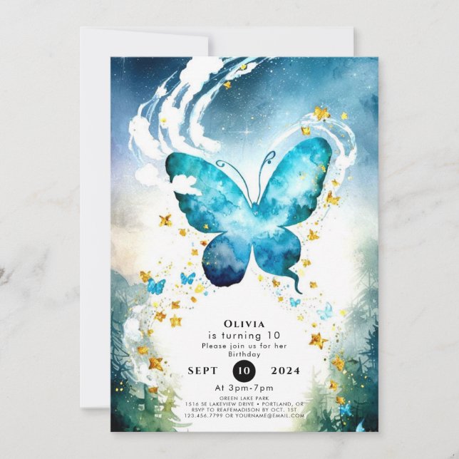 Invitation Anniversaire du papillon bleu magique (Devant)