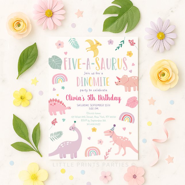 Invitation Anniversaire du Pink Pastel Dinosaur à cinq saurus (Créateur téléchargé)