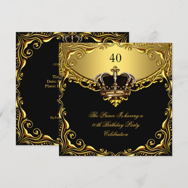 Invitation Anniversaire du Prince King Gold Royal Black Crown (Devant / Derrière)