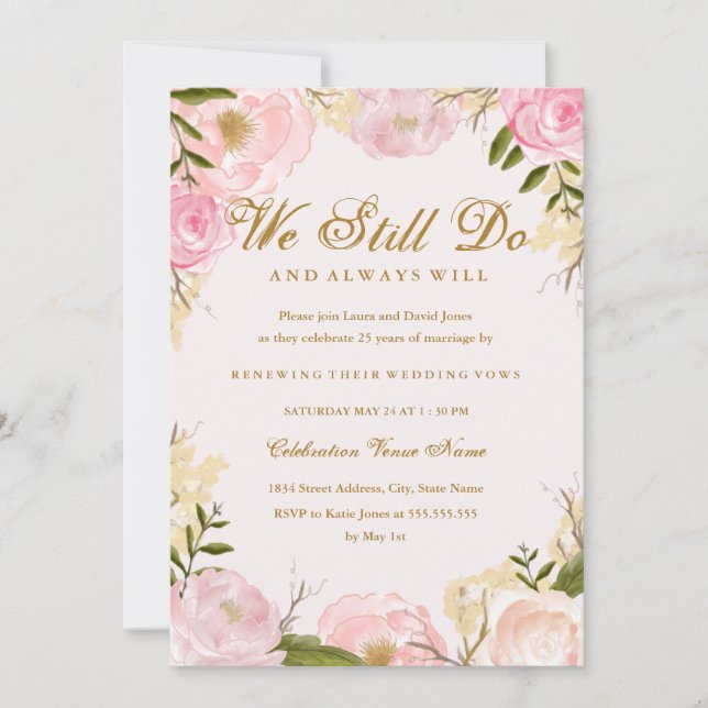 Invitation Anniversaire du renouveau de la vow rose élégante (Devant)