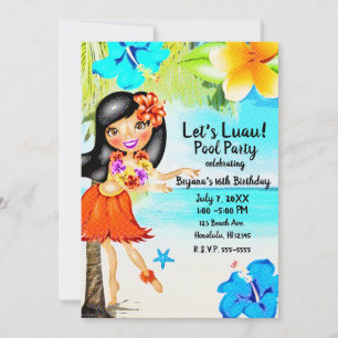 Invitation Anniversaire du Retro Tropical Hula Girl Luau Beac