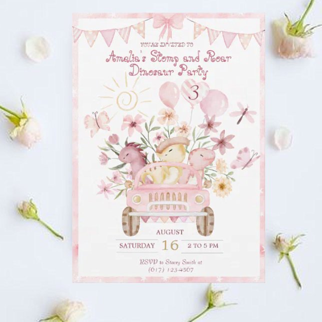 Invitation Anniversaire du rose Stomp et des dinosaures (Créateur téléchargé)