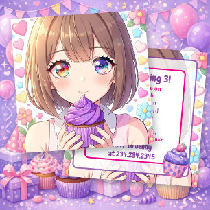 Invitation Anniversaire d'une fille Anime   Cœurs et gâteaux 
