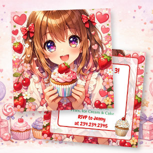 Invitation Anniversaire d'une fille Anime Fraises et Cupcak