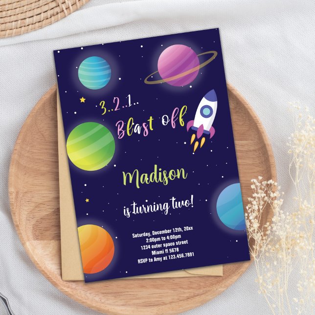 Invitation Anniversaire d'une fusée violette (Purple Rocket Outer Space Birthday Invitations)