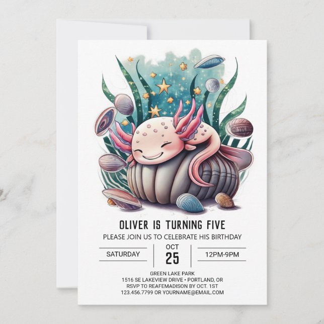 Invitation Anniversaire Editable Axolotl (Devant)