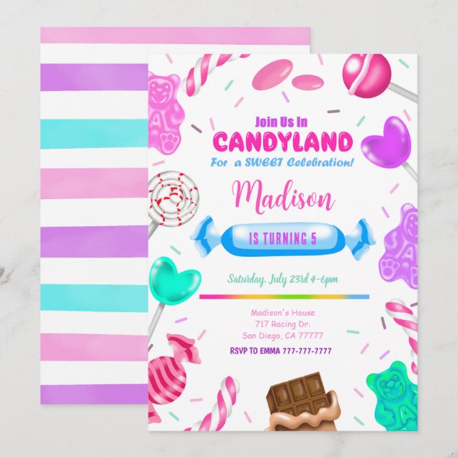 Invitation anniversaire Editable Candy land (Devant / Derrière)