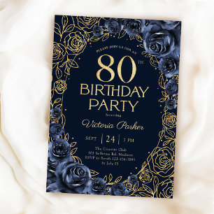 Invitation Anniversaire élégant 80 ans Bleu marine & floral d
