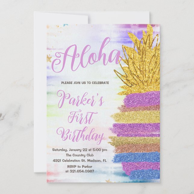 Invitation Anniversaire élégant Aloha violet arc-en-ciel anan (Devant)