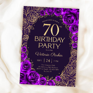 Invitation Anniversaire élégant de 70 ans Fleurs violettes et