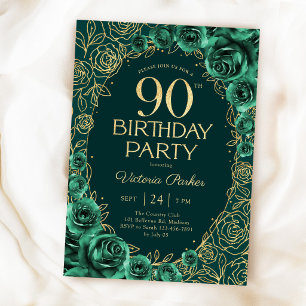 Invitation Anniversaire élégant de 90 ans Émeraude Vert Flora