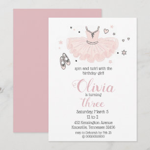 Invitation Anniversaire Élégant de Ballerine Rose