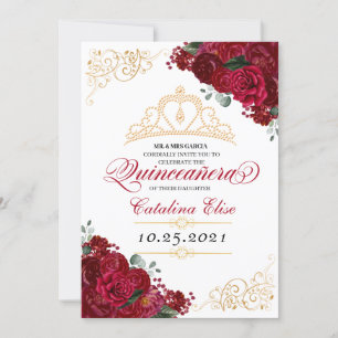 Invitation Anniversaire élégant de Quinceanera à fleurs rouge
