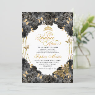 Invitation Anniversaire élégant de Quinceanera Florale Noir e