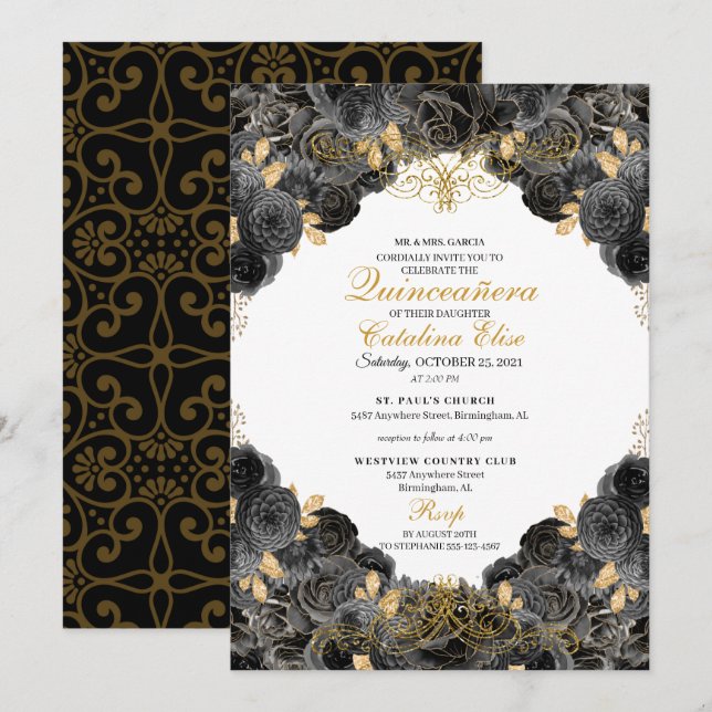 Invitation Anniversaire élégant de Quinceanera Florale Noir e (Devant / Derrière)