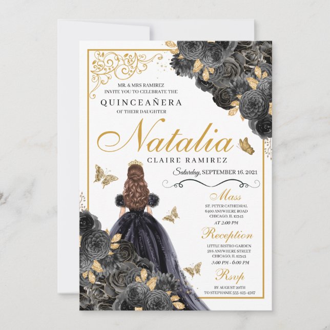 Invitation Anniversaire élégant de Quinceanera Florale Noir e (Devant)