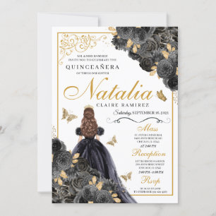 Invitation Anniversaire élégant de Quinceanera Florale Noir e