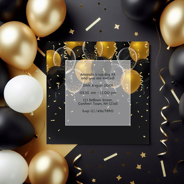 Invitation Anniversaire élégant du ballon noir et or (Elegant Black and Gold Balloon Birthday Invitation)