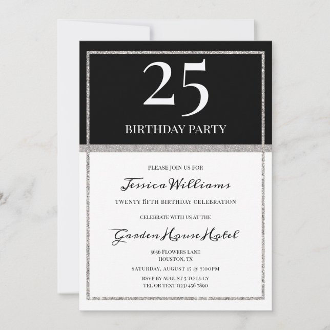 Invitation Anniversaire élégant en argent et noir (Devant)